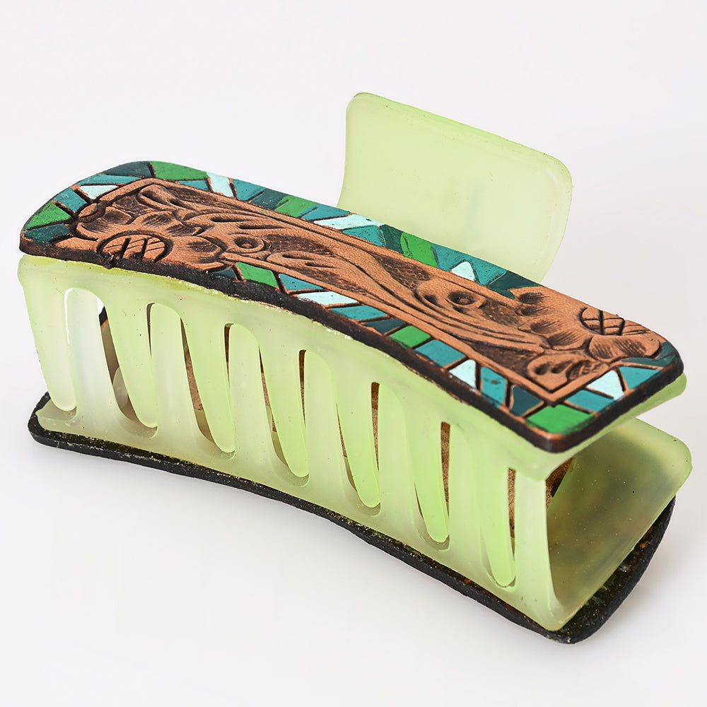 ADHC115 Green Mosaic Leather Hair Band Clip Clutcher - Hand Tooled Floral Design | American Darling