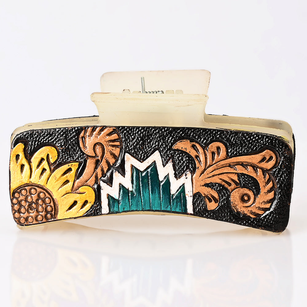 ADHC116 Sunflower & Mountain Tooled Leather Hair Band Clip Clutcher - Western Acrylic Clip | American Darling