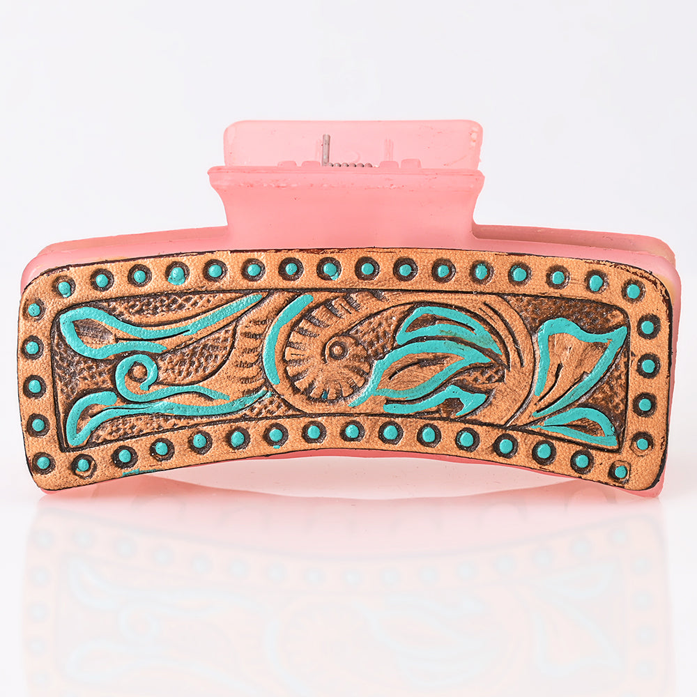 ADHC117 Turquoise Dot Border Tooled Leather Hair Pink Band Clip Clutcher - Floral Scroll on Pink Base | American Darling