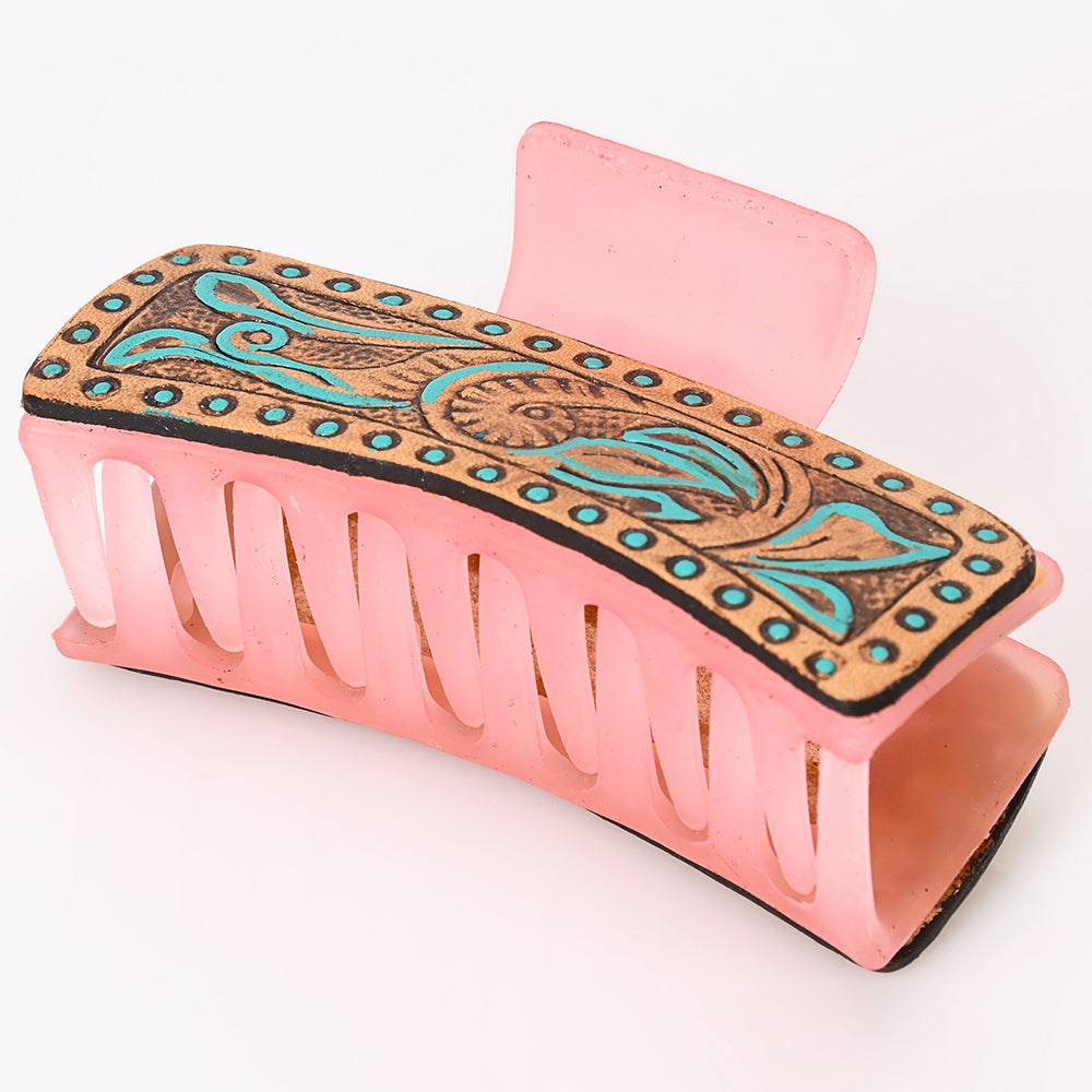 ADHC117 Turquoise Dot Border Tooled Leather Hair Pink Band Clip Clutcher - Floral Scroll on Pink Base | American Darling