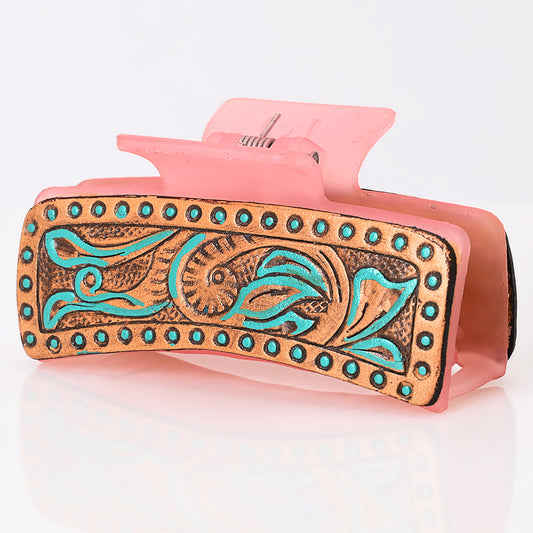 ADHC117 Turquoise Dot Border Tooled Leather Hair Pink Band Clip Clutcher - Floral Scroll on Pink Base | American Darling