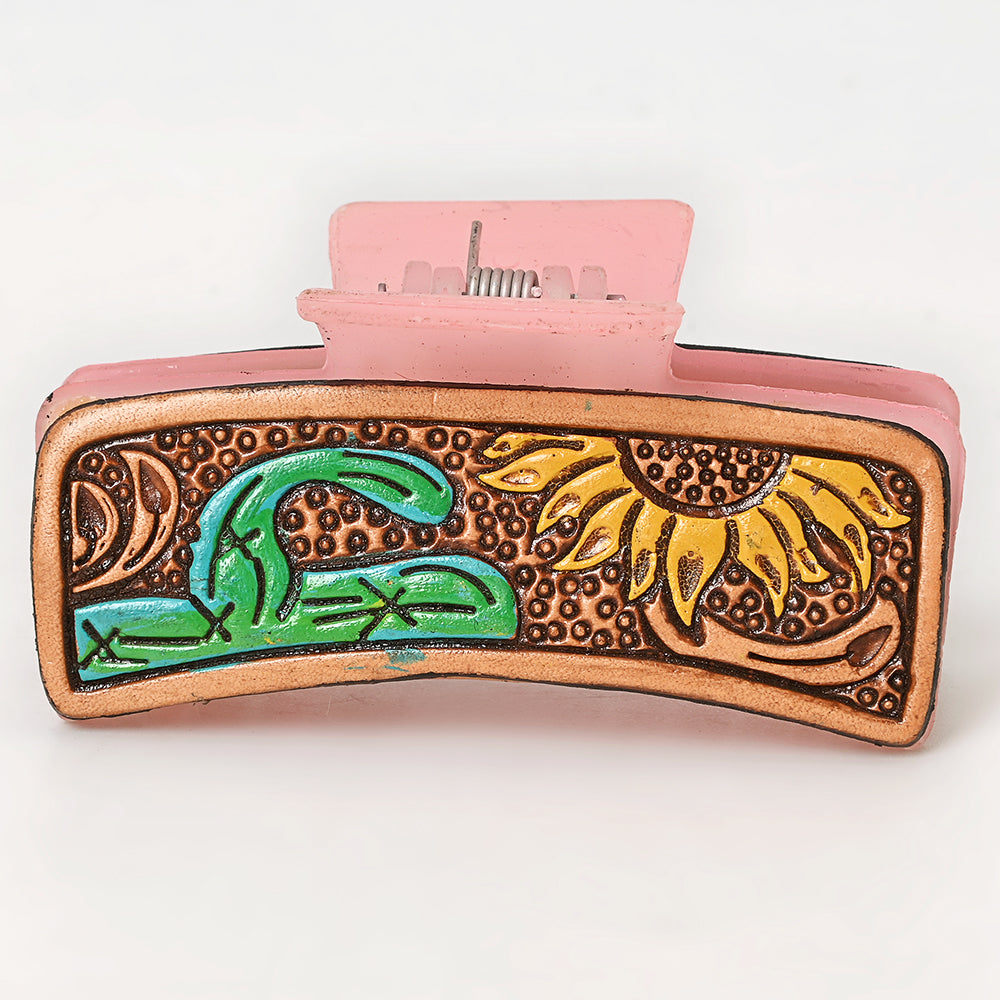 ADHC118 Sunflower & Cactus Tooled Leather Hair Band Pink Clip Clutcher - Western Pink Clip | American Darling
