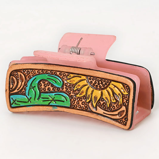 ADHC118 Sunflower & Cactus Tooled Leather Hair Band Pink Clip Clutcher - Western Pink Clip | American Darling