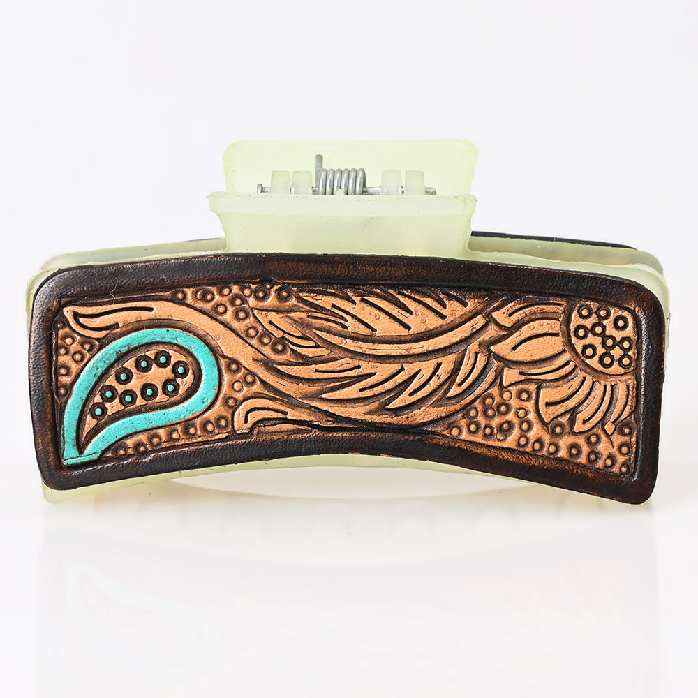 ADHC120 Western Paisley & Feather Tooled Leather Hair Band Clip Clutcher - Mint Green Claw | American Darling