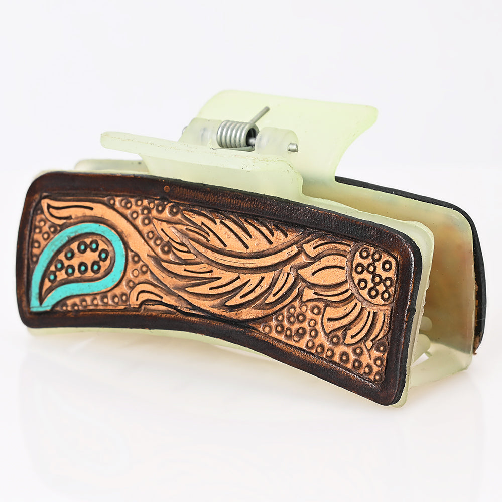 ADHC120 Western Paisley & Feather Tooled Leather Hair Band Clip Clutcher - Mint Green Claw | American Darling
