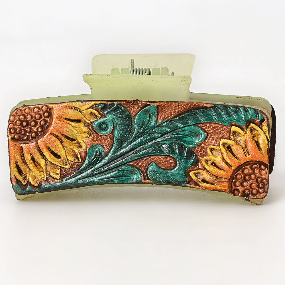 ADHC121 Tooled Leather Sunflower Hair Band Clip Clutcher - Yellow & Green Floral on Mint Claw | American Darling