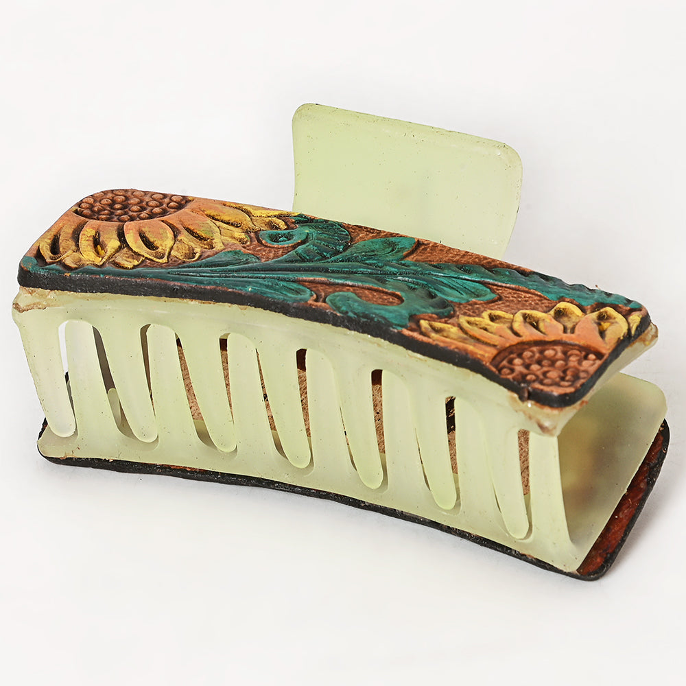 ADHC121 Tooled Leather Sunflower Hair Band Clip Clutcher - Yellow & Green Floral on Mint Claw | American Darling