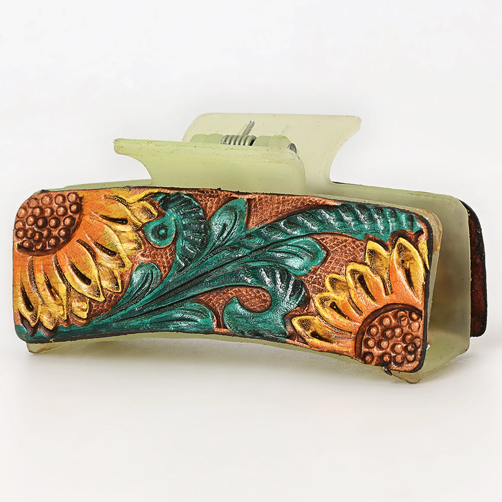 ADHC121 Tooled Leather Sunflower Hair Band Clip Clutcher - Yellow & Green Floral on Mint Claw | American Darling