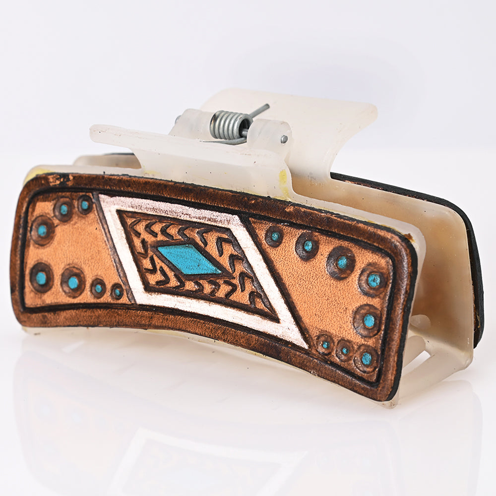 ADHC122 Geometric Turquoise & Copper Tooled Leather Hair Band Clip Clutcher | American Darling