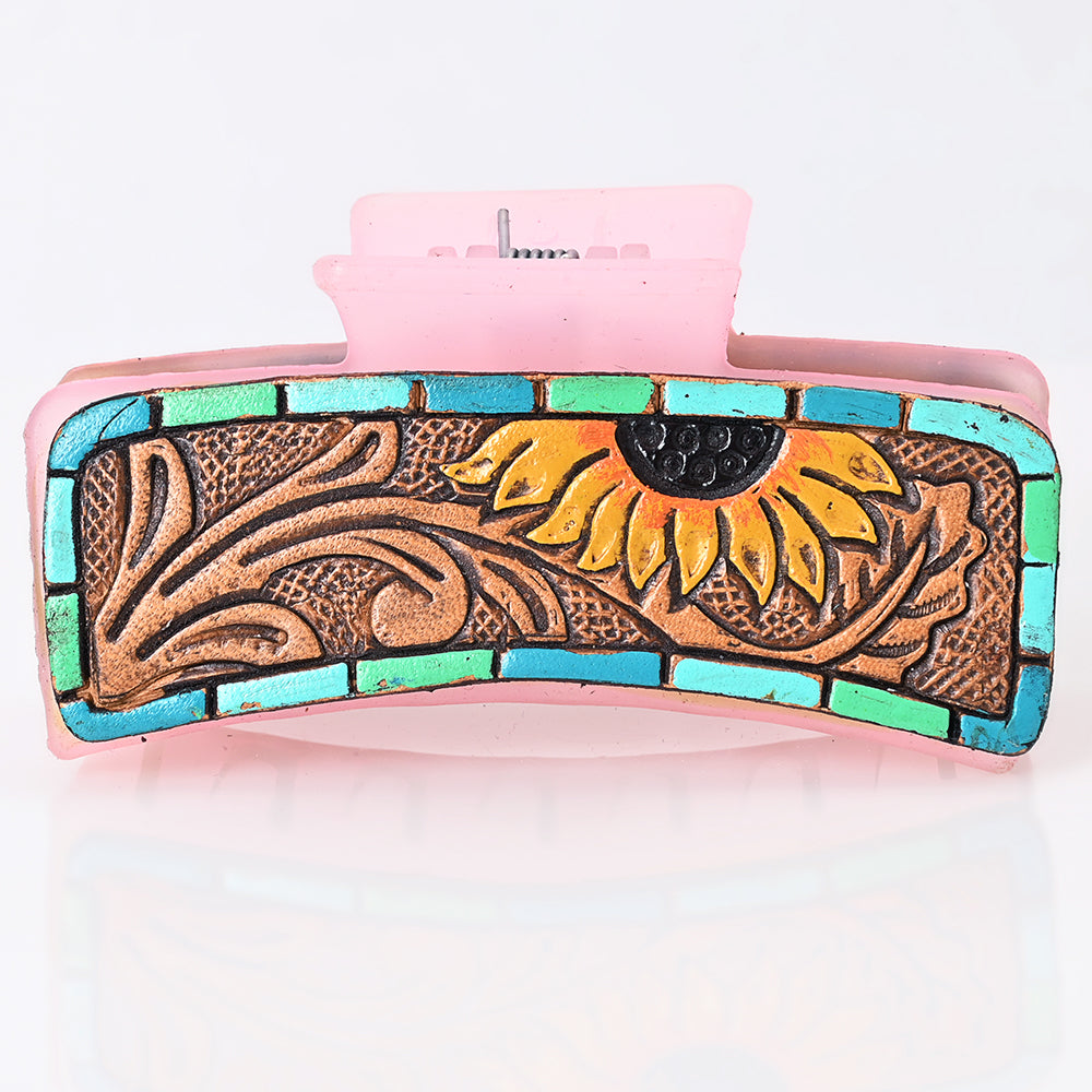 ADHC123 Tooled Leather Sunflower Hair Band Clip Pink Clutcher with Mosaic Border | American Darling