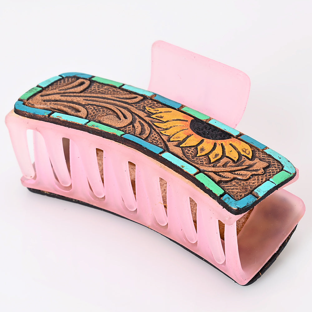 ADHC123 Tooled Leather Sunflower Hair Band Clip Pink Clutcher with Mosaic Border | American Darling
