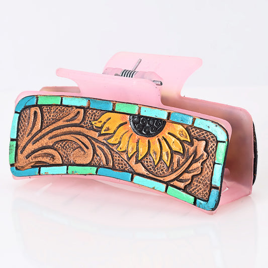 ADHC123 Tooled Leather Sunflower Hair Band Clip Pink Clutcher with Mosaic Border | American Darling