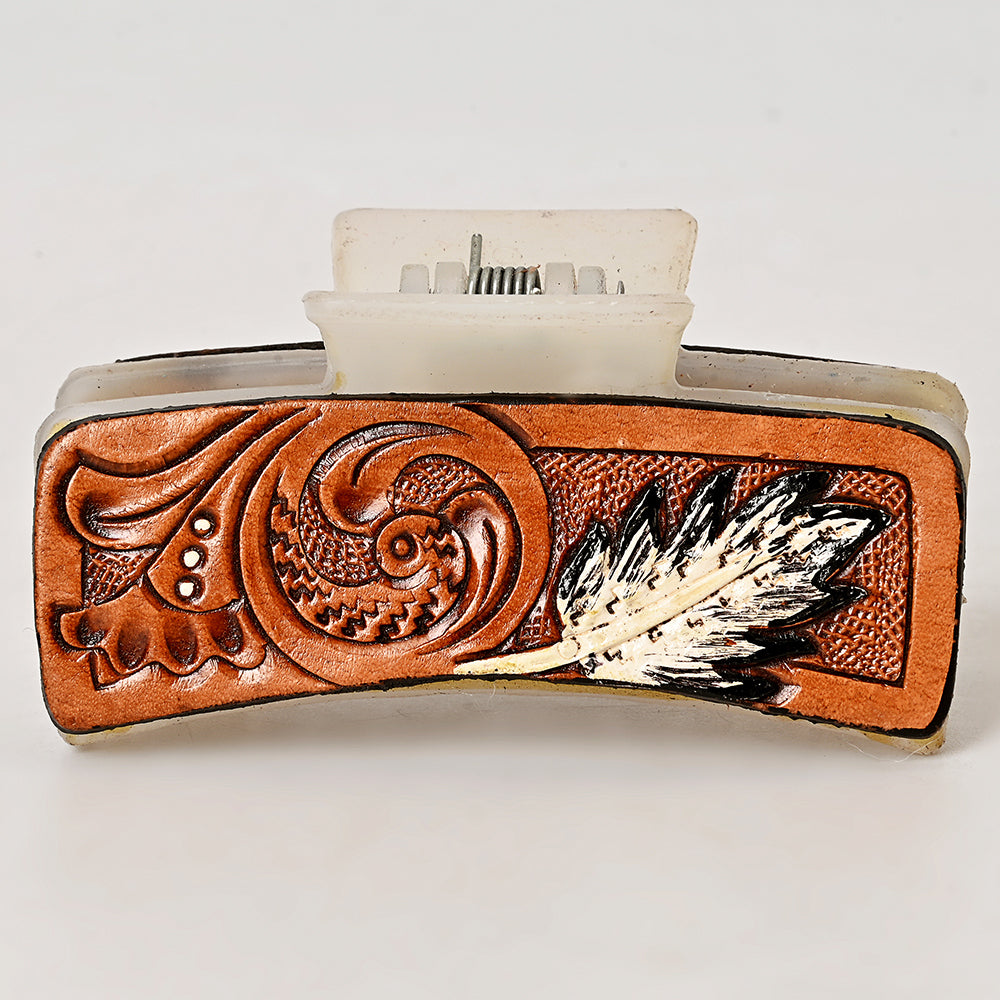 ADHC124 Tooled Leather Feather Hair Band Clip Clutcher - White & Tan Design | American Darling