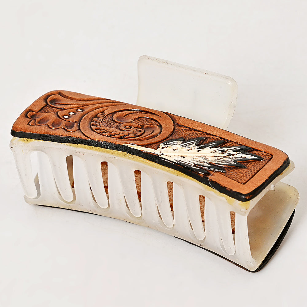 ADHC124 Tooled Leather Feather Hair Band Clip Clutcher - White & Tan Design | American Darling