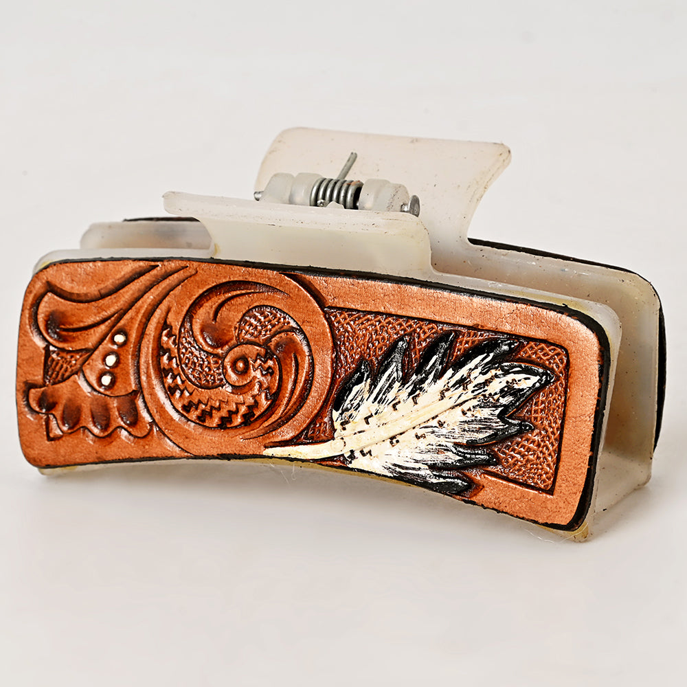 ADHC124 Tooled Leather Feather Hair Band Clip Clutcher - White & Tan Design | American Darling
