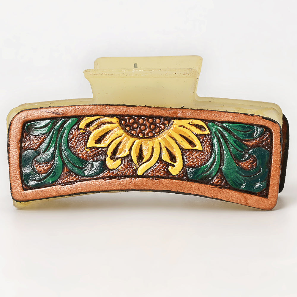 ADHC125 Tooled Leather Hair Band Clip Clutcher - Sunflower & Green Scroll | American Darling