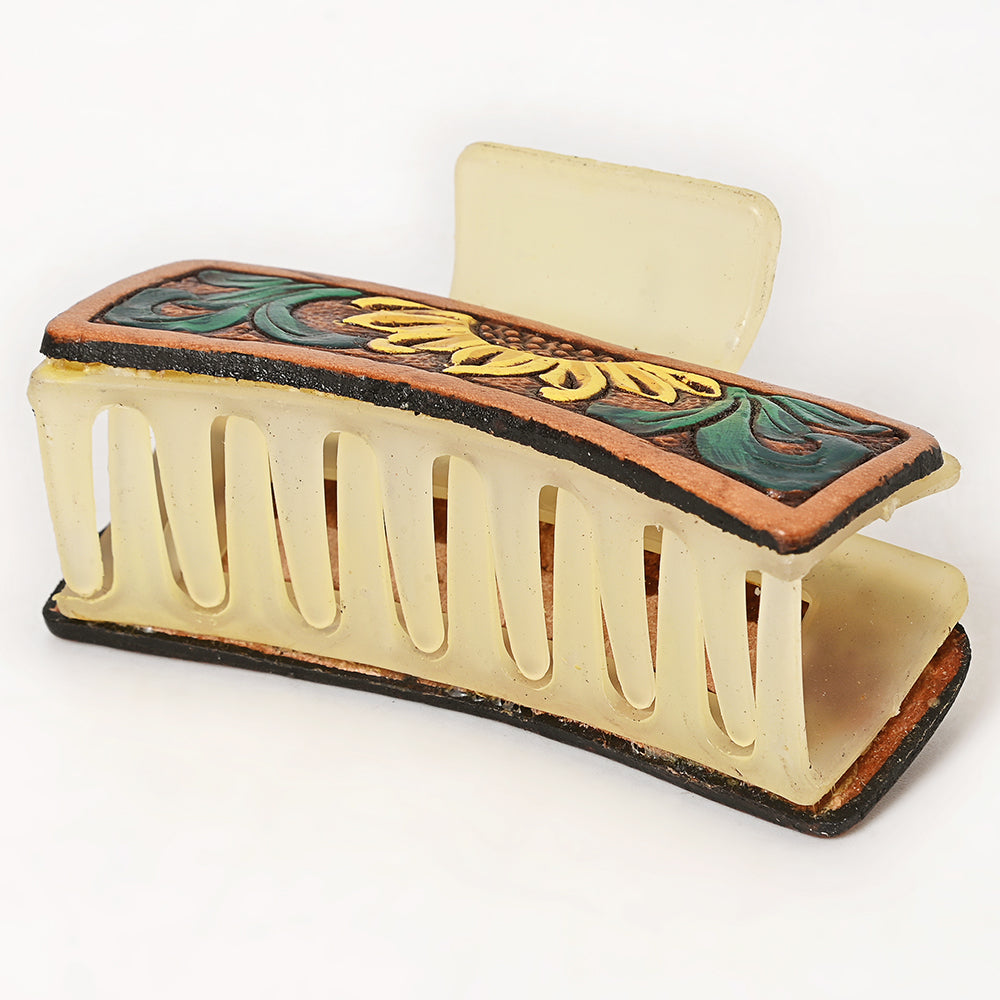 ADHC125 Tooled Leather Hair Band Clip Clutcher - Sunflower & Green Scroll | American Darling
