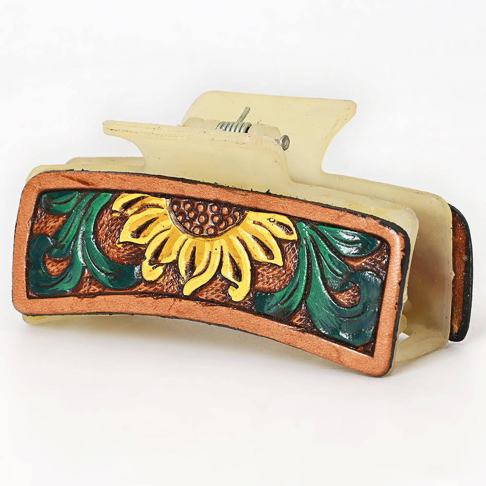 ADHC125 Tooled Leather Hair Band Clip Clutcher - Sunflower & Green Scroll | American Darling