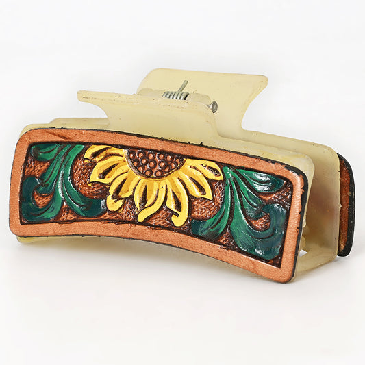ADHC125 Tooled Leather Hair Band Clip Clutcher - Sunflower & Green Scroll | American Darling