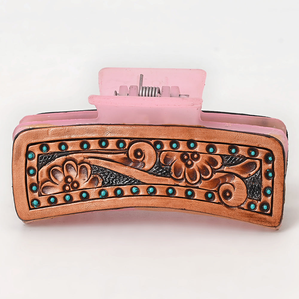 ADHC126 Tooled Leather Hair Band Pink Clip Clutcher - Floral Border with Studs | American Darling