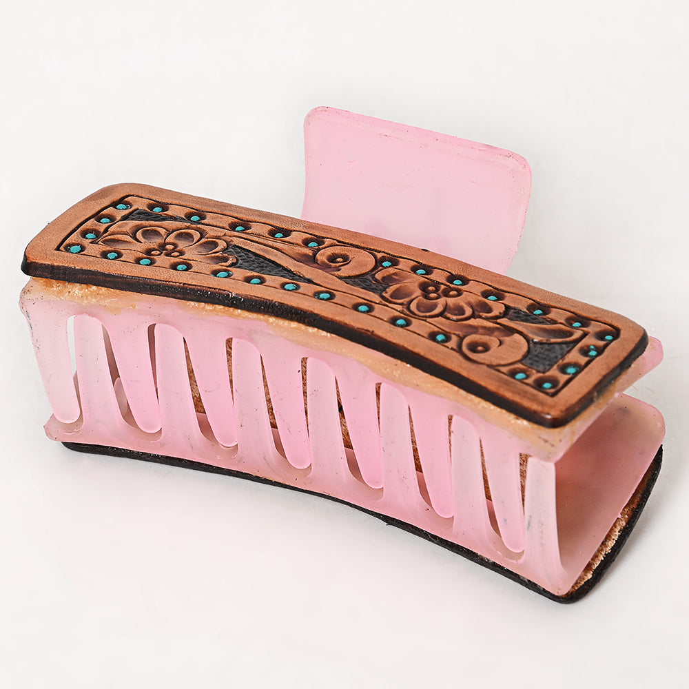 ADHC126 Tooled Leather Hair Band Pink Clip Clutcher - Floral Border with Studs | American Darling
