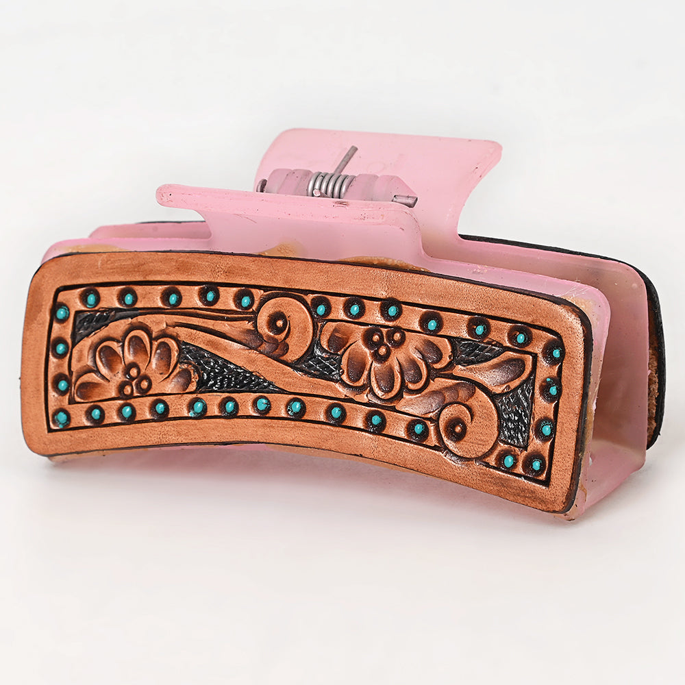 ADHC126 Tooled Leather Hair Band Pink Clip Clutcher - Floral Border with Studs | American Darling