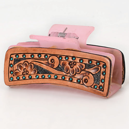 ADHC126 Tooled Leather Hair Band Pink Clip Clutcher - Floral Border with Studs | American Darling