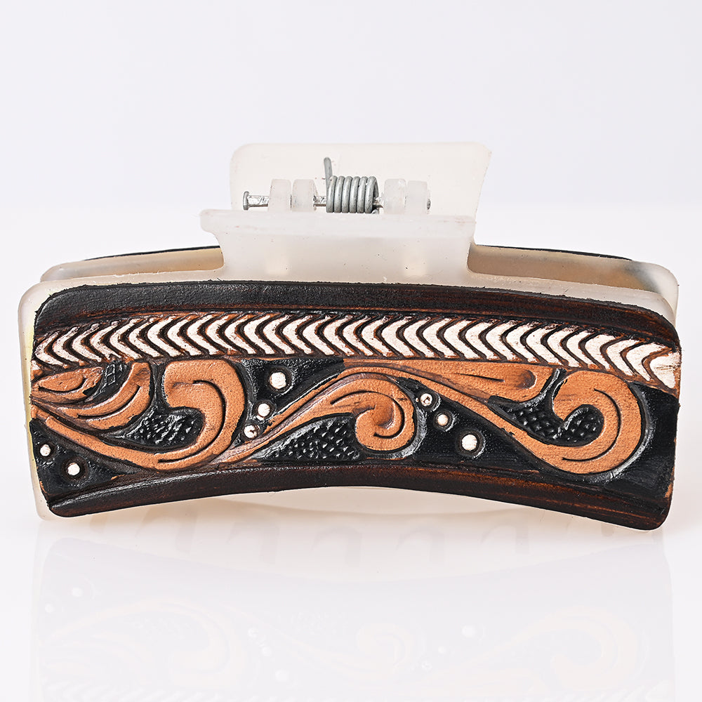 ADHC127 Tooled Leather Hair Band Clip Clutcher - Black & Tan Scroll with Chevron Border | American Darling
