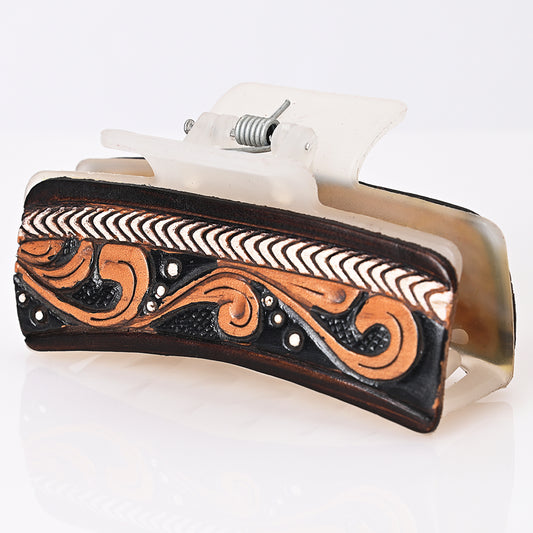 ADHC127 Tooled Leather Hair Band Clip Clutcher - Black & Tan Scroll with Chevron Border | American Darling