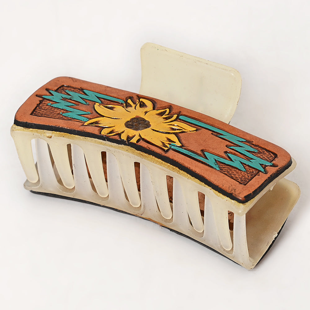 ADHC128 Tooled Leather Hair Band Clip Clutcher - Sunflower & Turquoise Lightning | American Darling