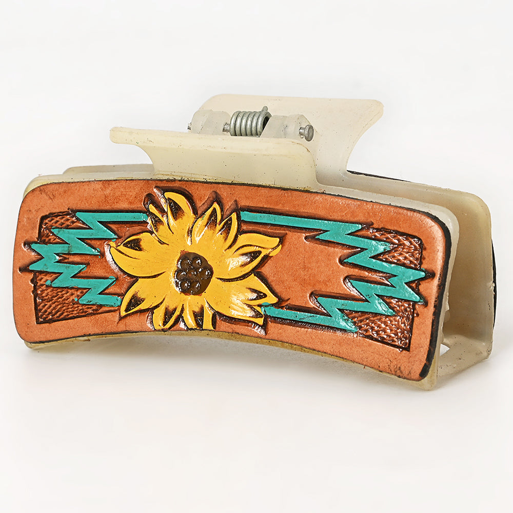 ADHC128 Tooled Leather Hair Band Clip Clutcher - Sunflower & Turquoise Lightning | American Darling