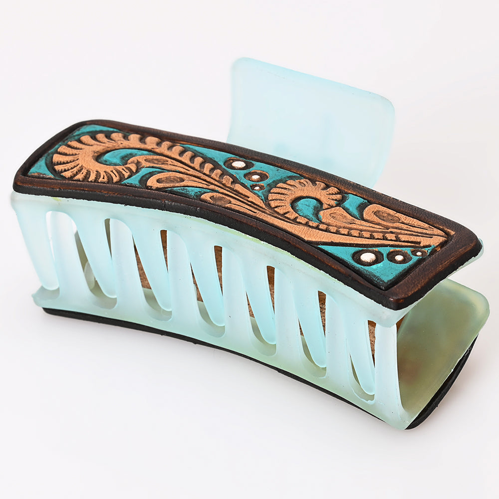 ADHC129 Tooled Leather Hair Band Clip Clutcher - Turquoise Scroll Western Design | American Darling
