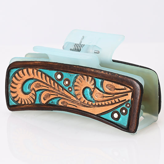 ADHC129 Tooled Leather Hair Band Clip Clutcher - Turquoise Scroll Western Design | American Darling