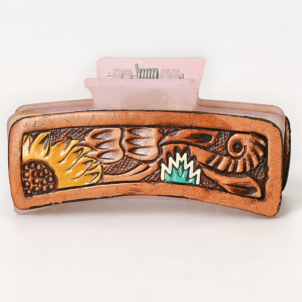 ADHC130 Tooled Leather Hair Band Clip Clutcher - Sunflower & Turquoise Zigzag Accent | American Darling