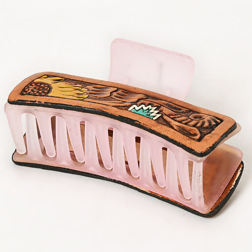 ADHC130 Tooled Leather Hair Band Clip Clutcher - Sunflower & Turquoise Zigzag Accent | American Darling