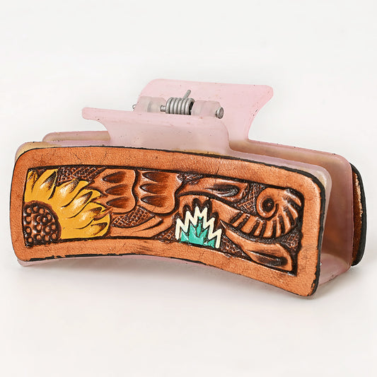 ADHC130 Tooled Leather Hair Band Clip Clutcher - Sunflower & Turquoise Zigzag Accent | American Darling