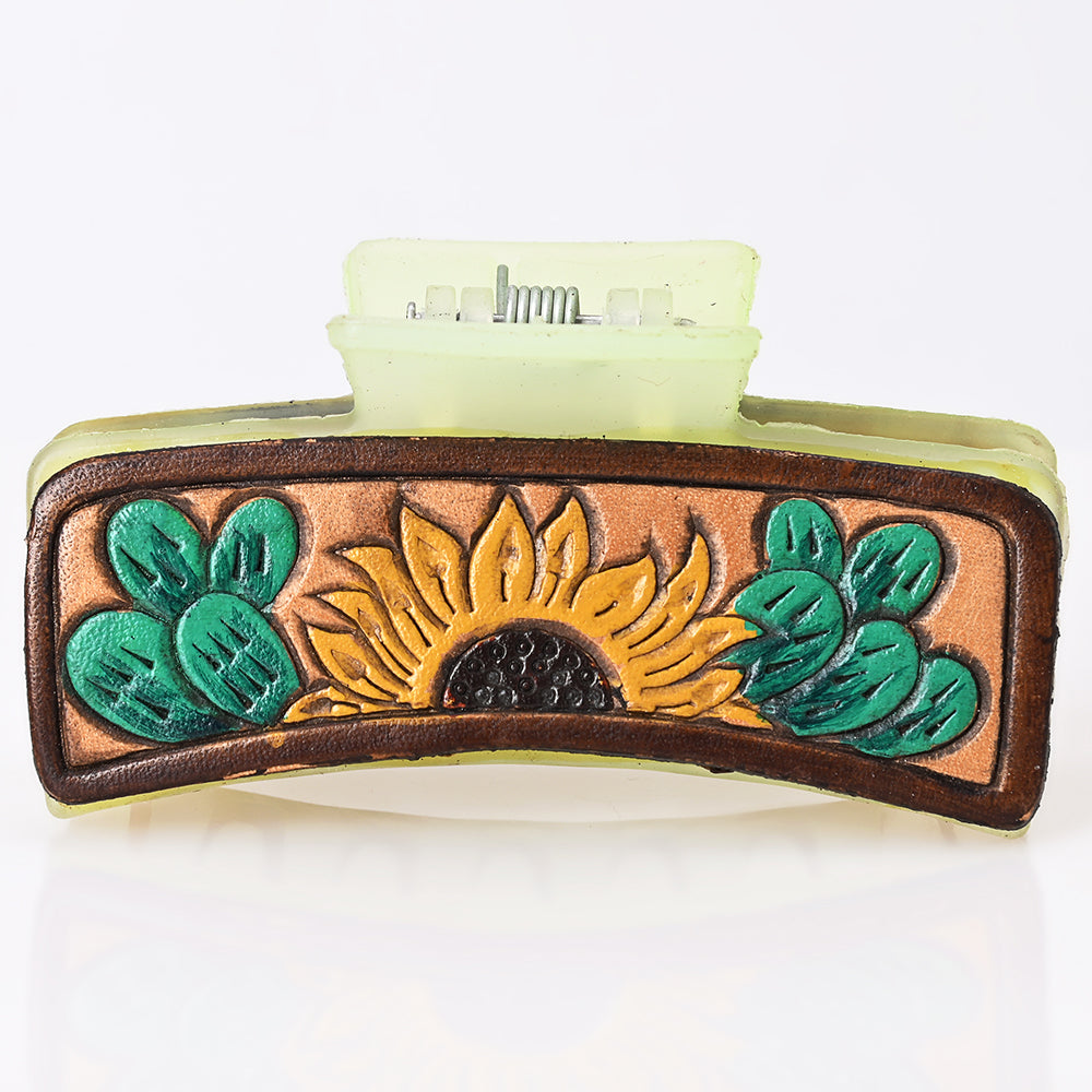 ADHC131 Tooled Leather Hair Band Clip Clutcher - Sunflower & Cactus Motif | American Darling