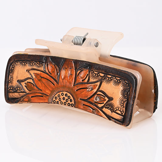 ADHC132 Tooled Leather Hair Band Clip Clutcher - Burnt Sunflower Design | American Darling