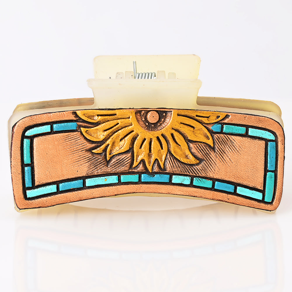 ADHC133 Tooled Leather Hair Band Clip Clutcher - Turquoise Border Sunflower | American Darling