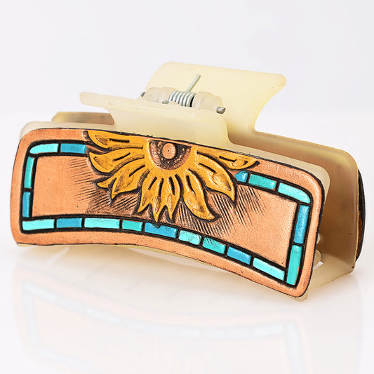ADHC133 Tooled Leather Hair Band Clip Clutcher - Turquoise Border Sunflower | American Darling