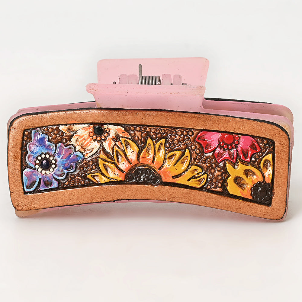 ADHC134 Tooled Leather Hair Band Clip Clutcher - Colorful Floral Burst on Pink | American Darling