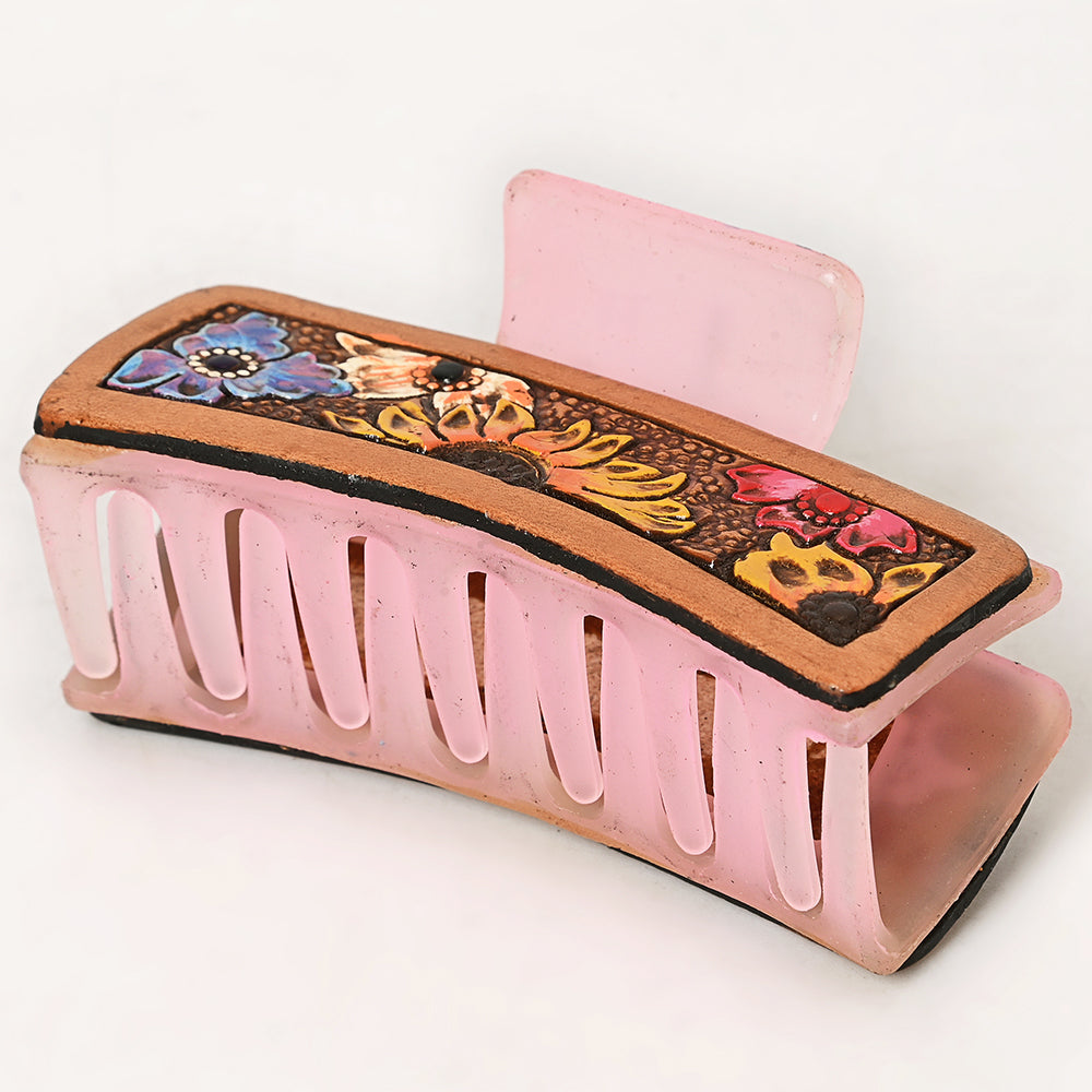 ADHC134 Tooled Leather Hair Band Clip Clutcher - Colorful Floral Burst on Pink | American Darling