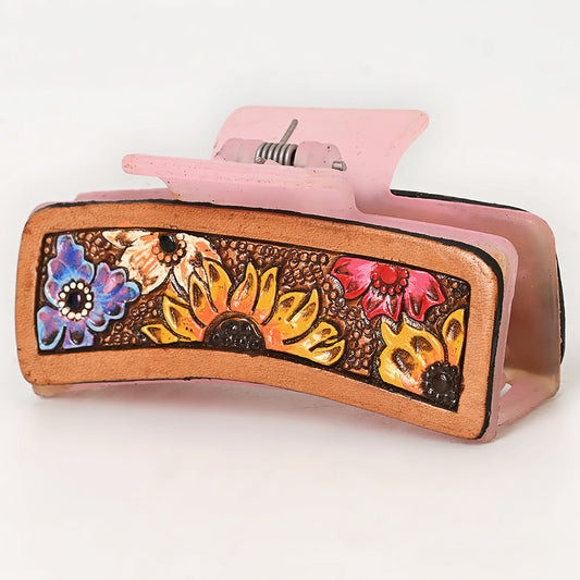 ADHC134 Tooled Leather Hair Band Clip Clutcher - Colorful Floral Burst on Pink | American Darling