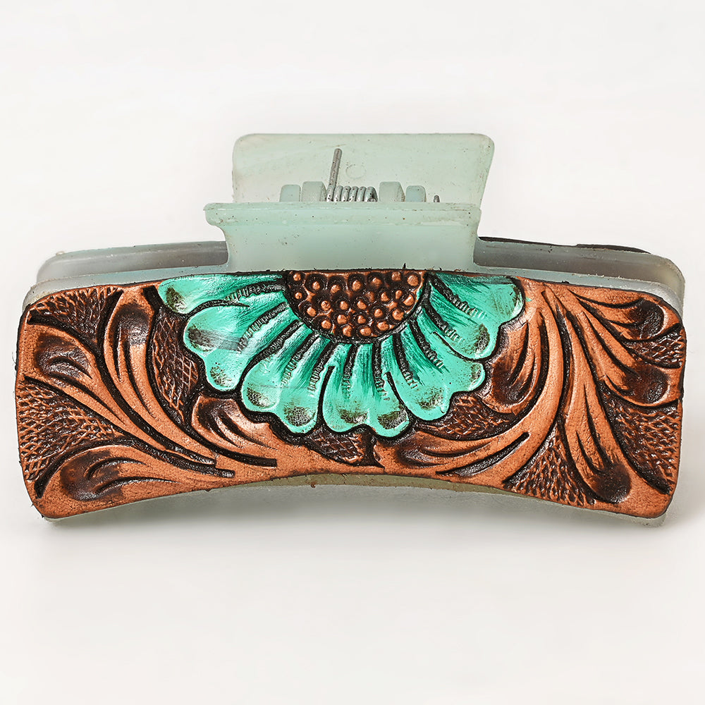ADHC135 Tooled Leather Hair Band Clip Clutcher - Mint Green Daisy on Pale Claw | American Darling