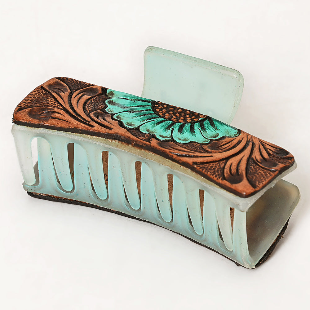 ADHC135 Tooled Leather Hair Band Clip Clutcher - Mint Green Daisy on Pale Claw | American Darling