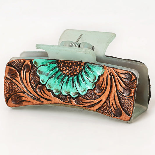ADHC135 Tooled Leather Hair Band Clip Clutcher - Mint Green Daisy on Pale Claw | American Darling
