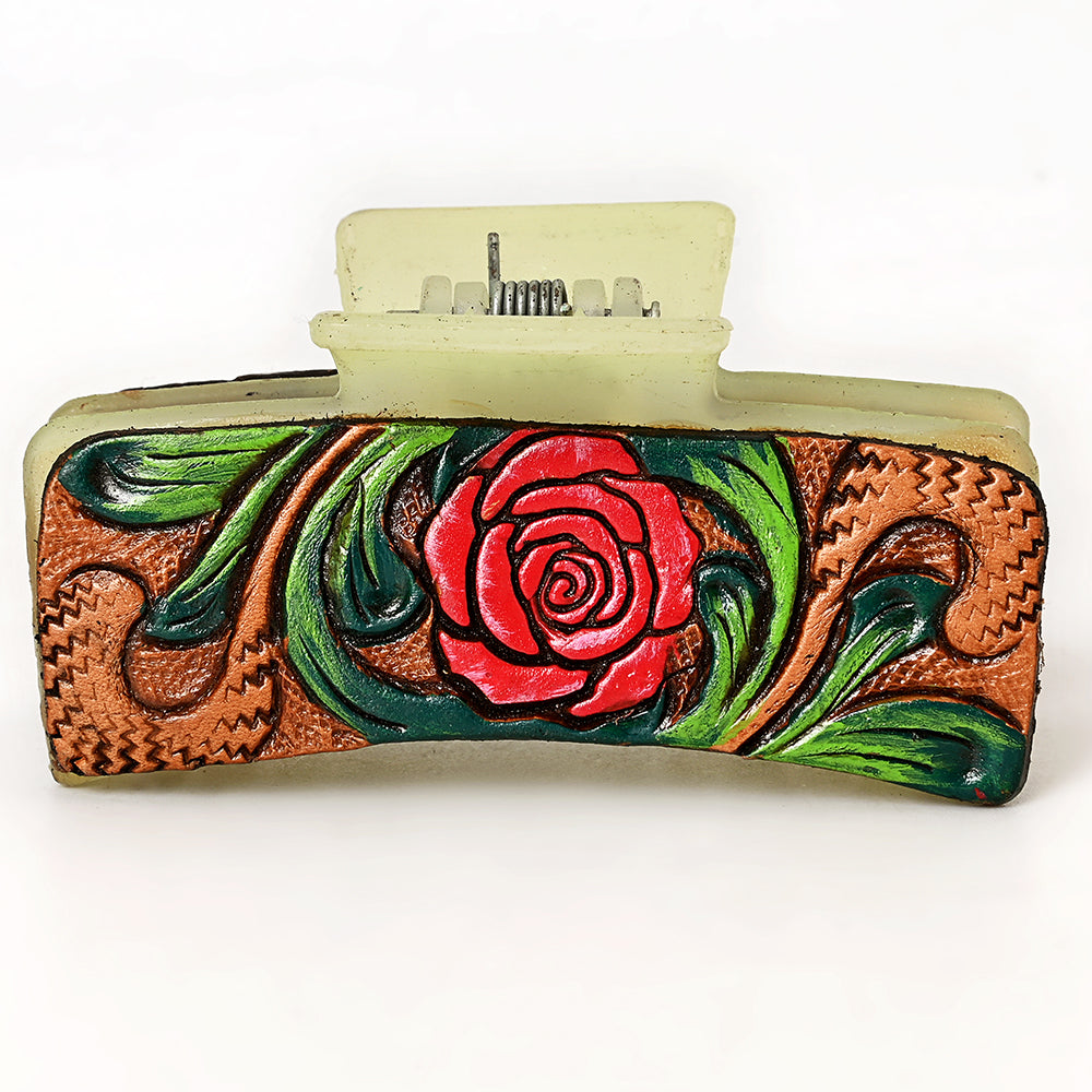 ADHC136 Tooled Leather Hair Band Clip Clutcher - Red Rose on Cream Claw | American Darling