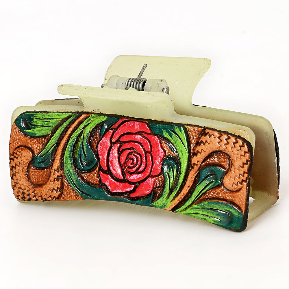 ADHC136 Tooled Leather Hair Band Clip Clutcher - Red Rose on Cream Claw | American Darling