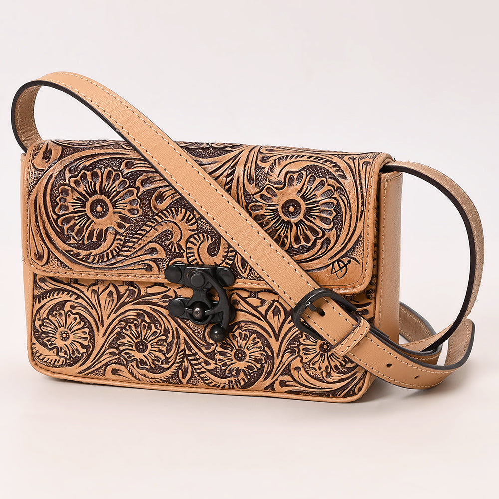ADBGZ859 Tan Tooled Leather Crossbody Bag Western Floral Design | American Darling