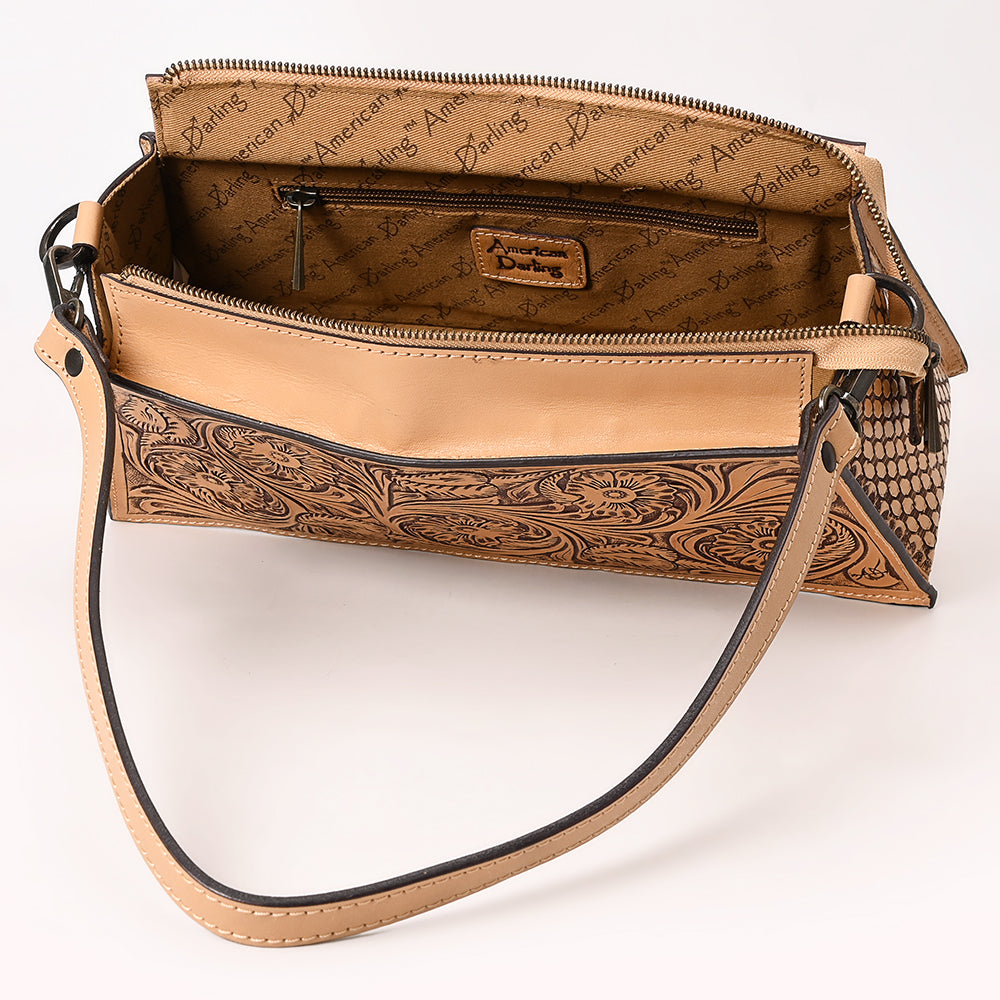 ADBGZ863 Tooled Leather Trapezoid Evening Bag Tan Western Floral Purse | American Darling